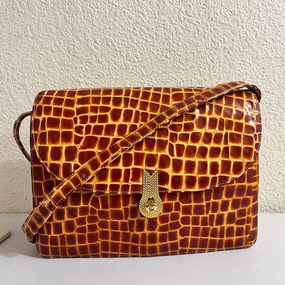Guy Laroche Brown Croc-Embossed Leather Crossbody Bag with Gold Hardware